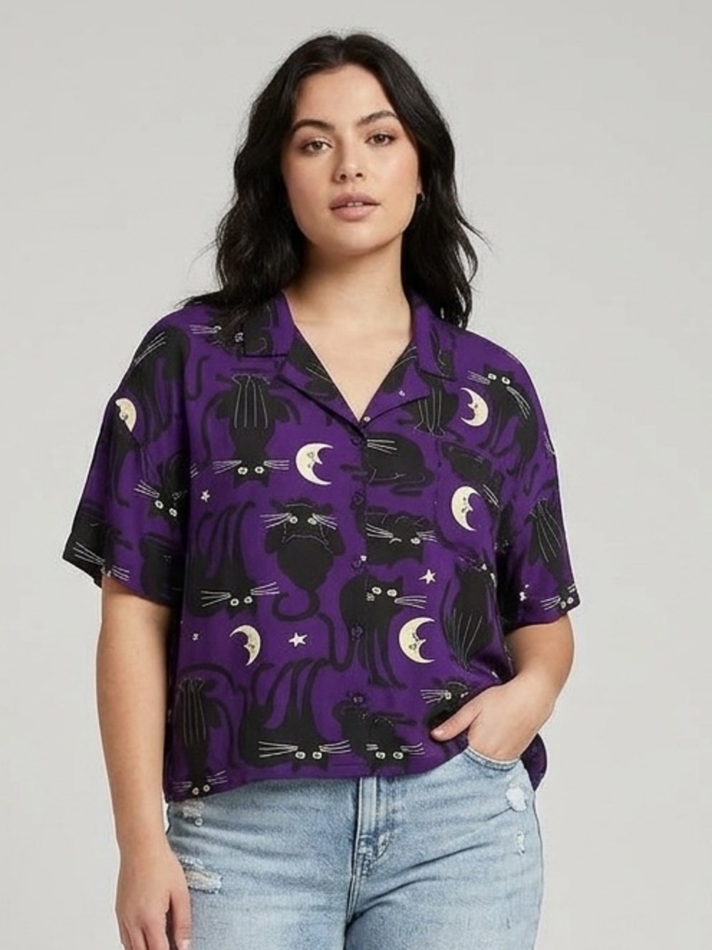 Celebrate It Purple Short-Sleeve Cat Print Button-Down Top